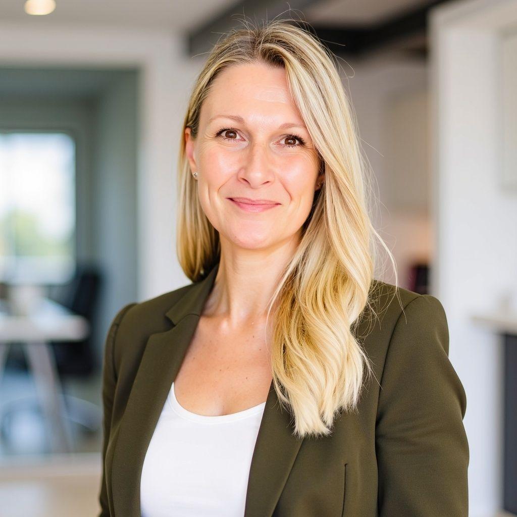 Professional woman with long blonde hair smiling, wearing a green blazer in an office setting.