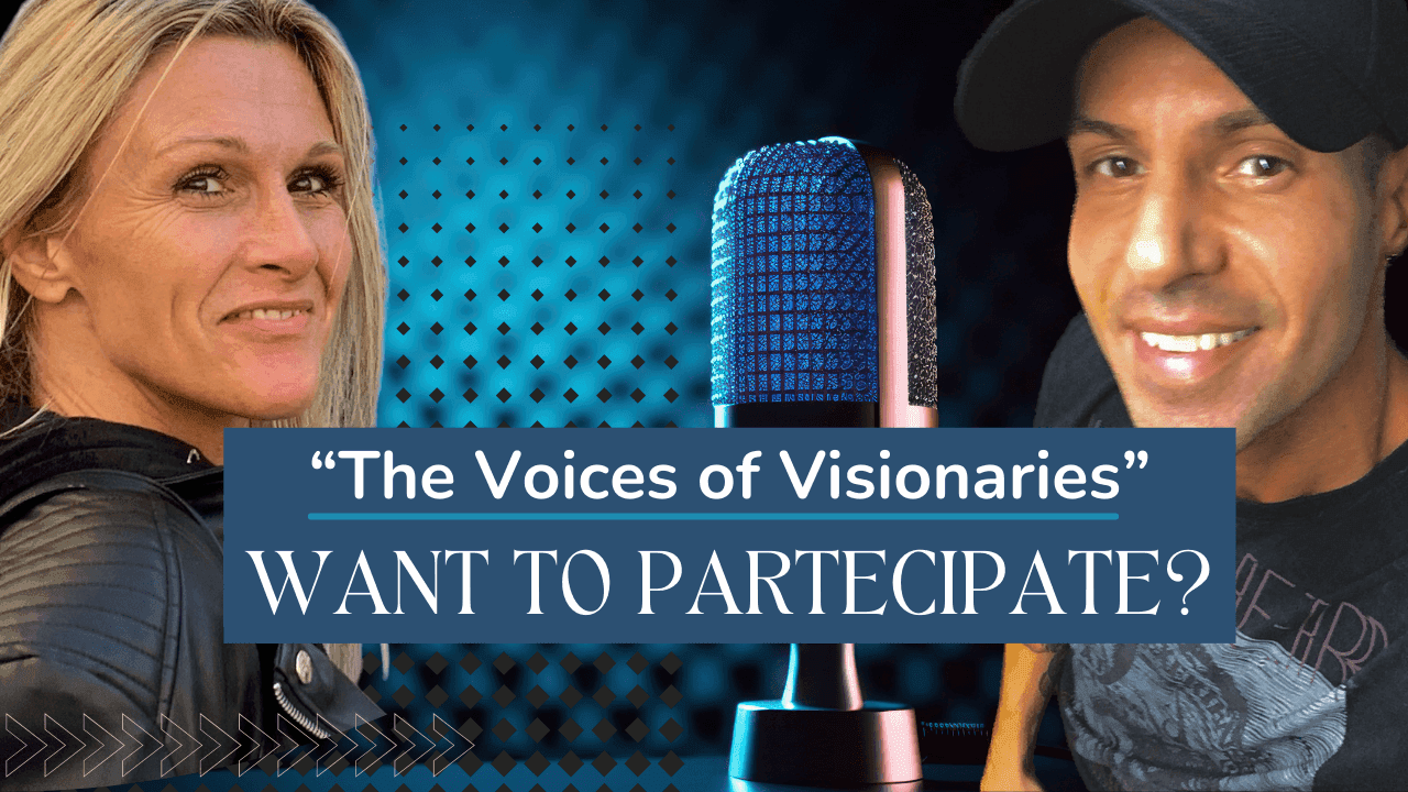 Picture of Allegra and Gary Lite on either side on a blue background and a microphne in the centre with the words "The voices of visionaries - want to partecipate?"
