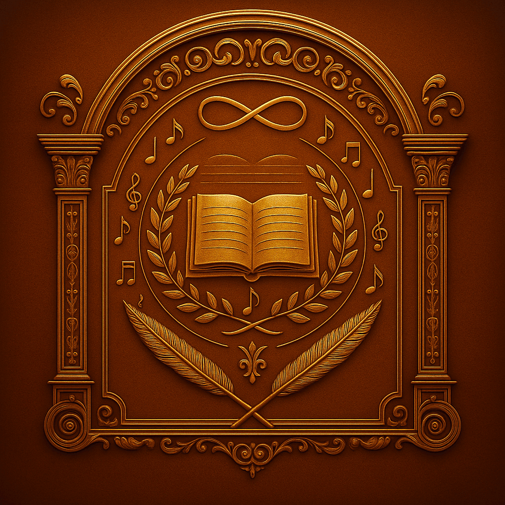 Emblema dorato in rilievo con un libro aperto che porta il pentagramma, simbolo dell’infinito, corona d’alloro, penne incrociate e note musicali uniche in una cornice regale – stemma per gli Alloggi degli Iniziati in A Musical Adventure.