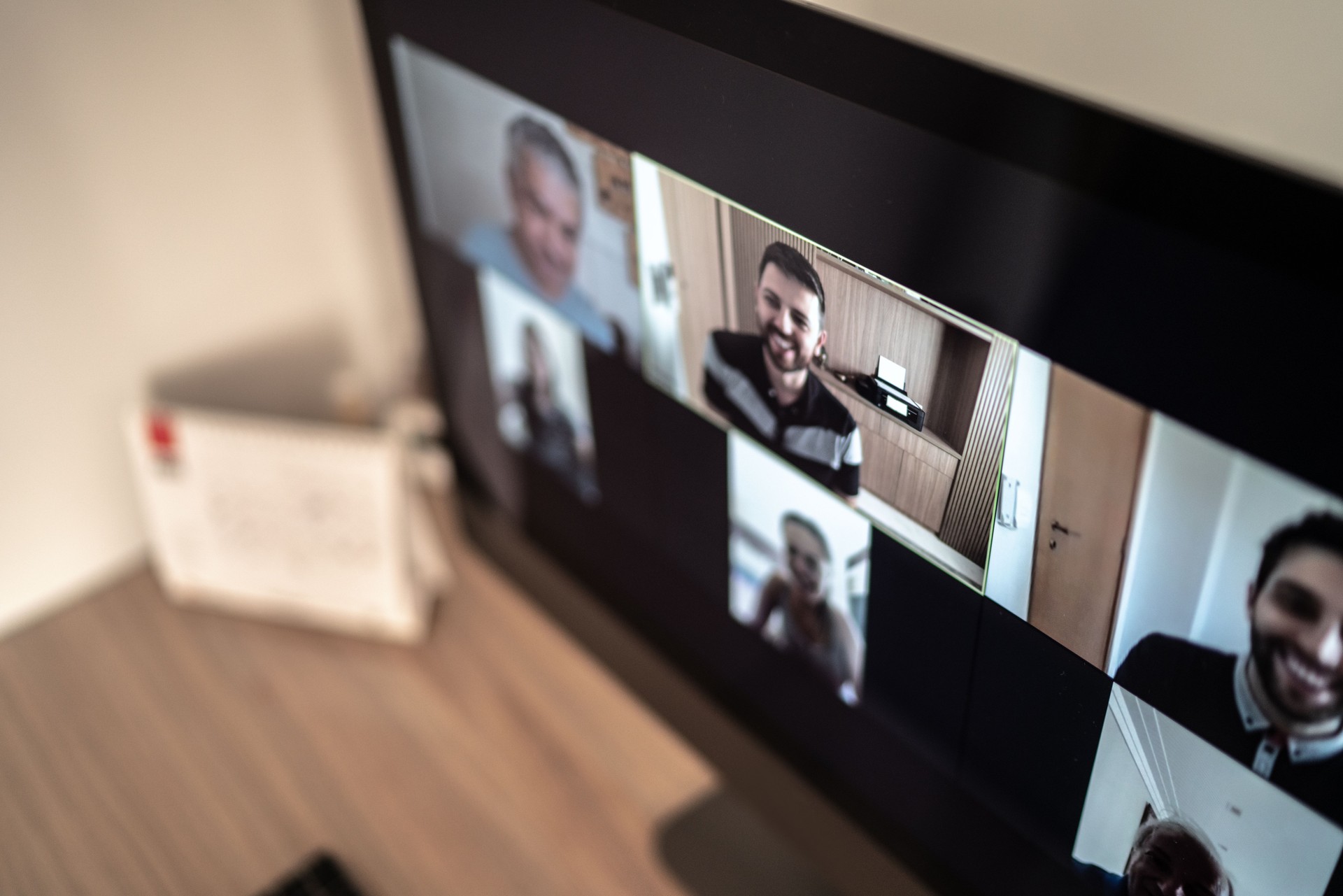 Live video call with around 10 people, happy moments in online video conference