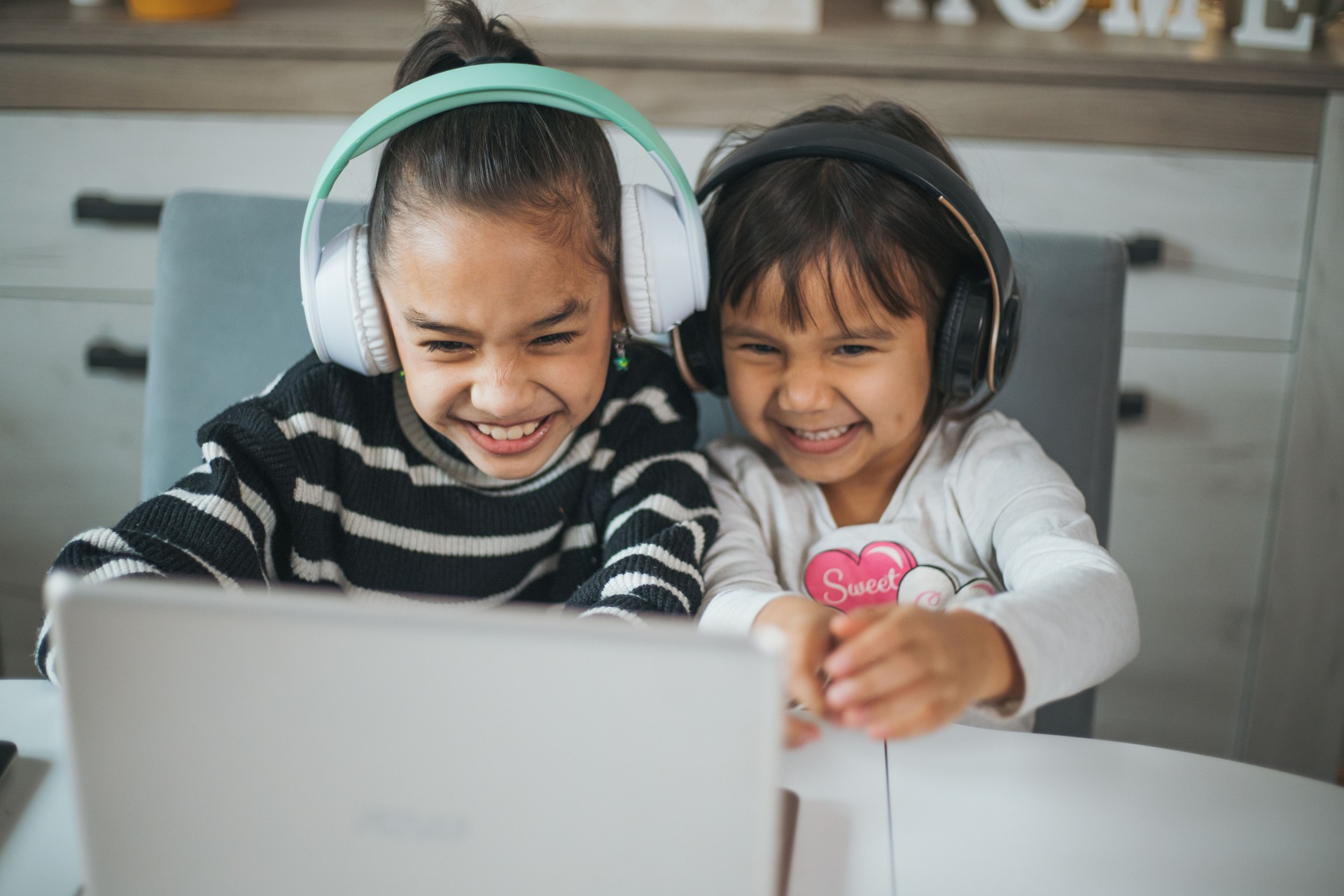 Two little sisters have fun using a laptop together